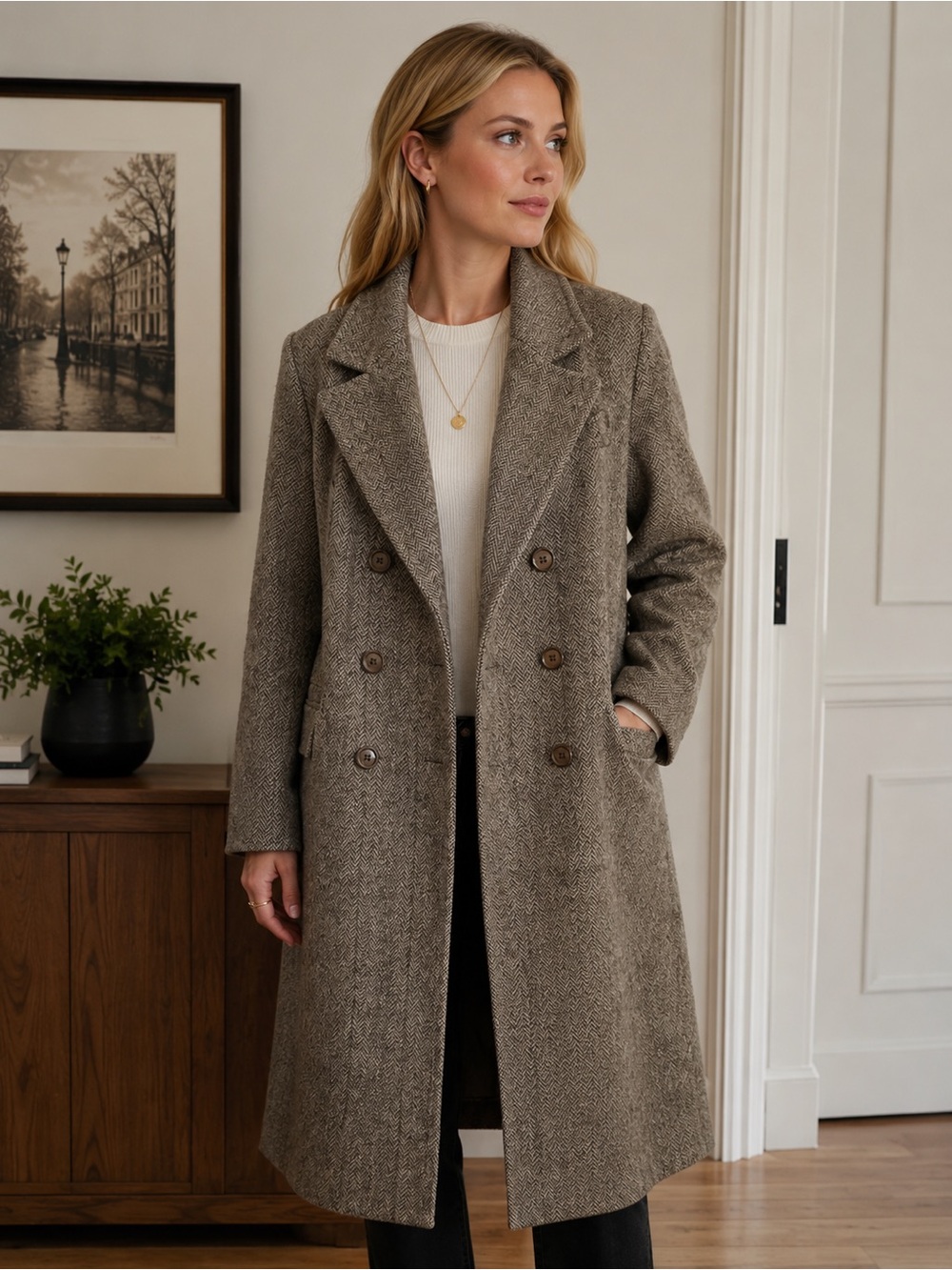 Larry Levine Double-Breasted Pea Coat in Taupe Herringbone